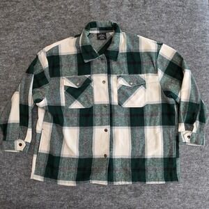 HFX Plaid Flannel Wool Poly Blend Green White Shacket Sz XXL Snap Closures Fall